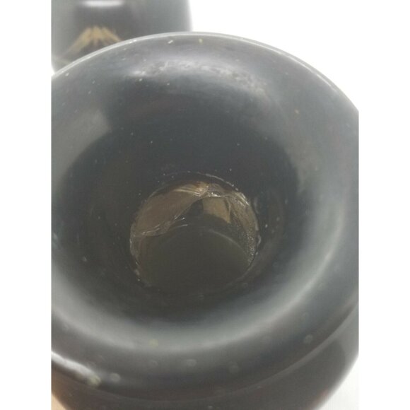 1950's Japanese Black Laquer Over Wood Vases Interior Liners Hand Painted Pair - Picture 11 of 12